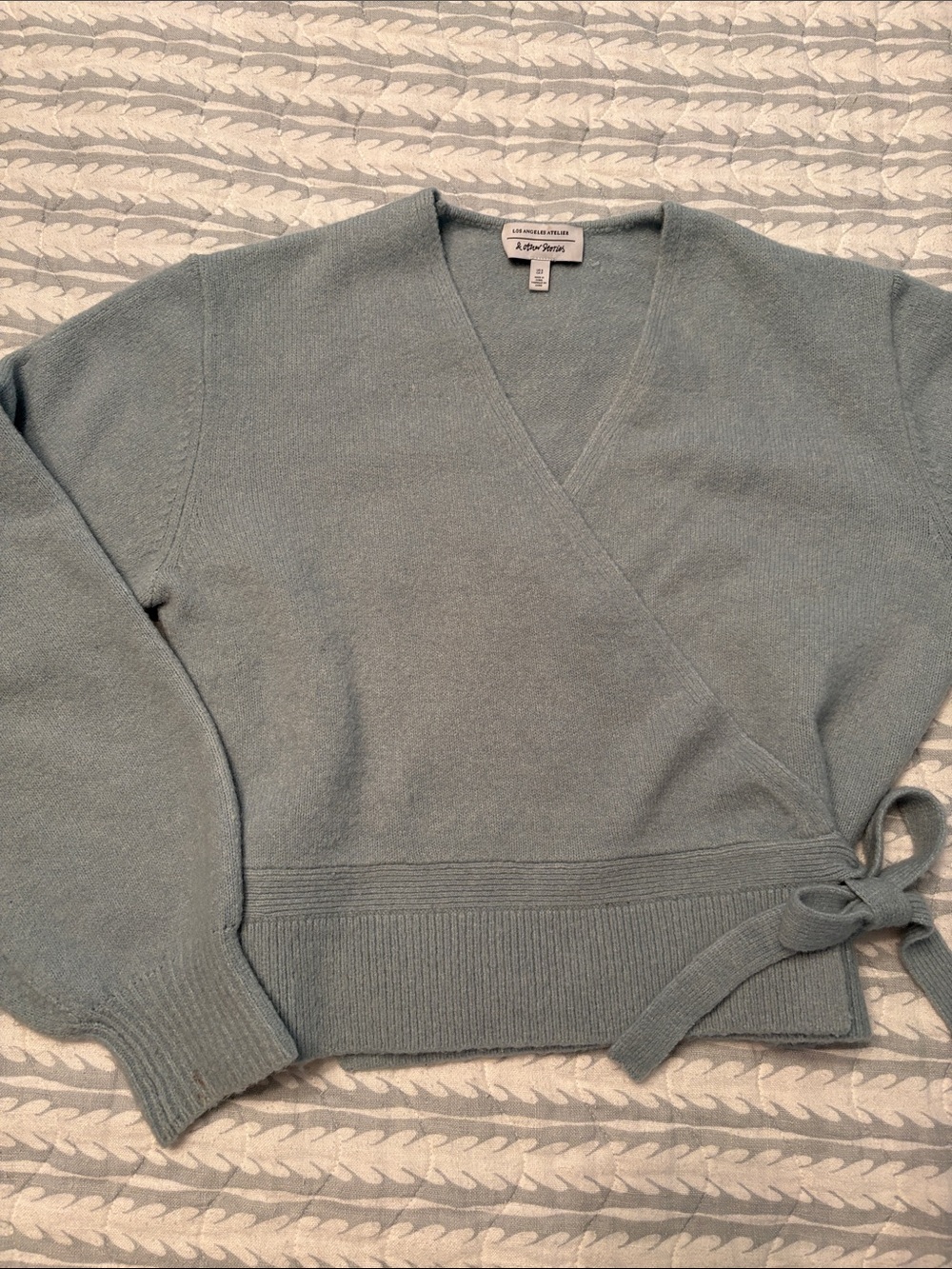& Other Stories Light Blue Green Wrap V-Neck Ballerina Sweater with Side Tie